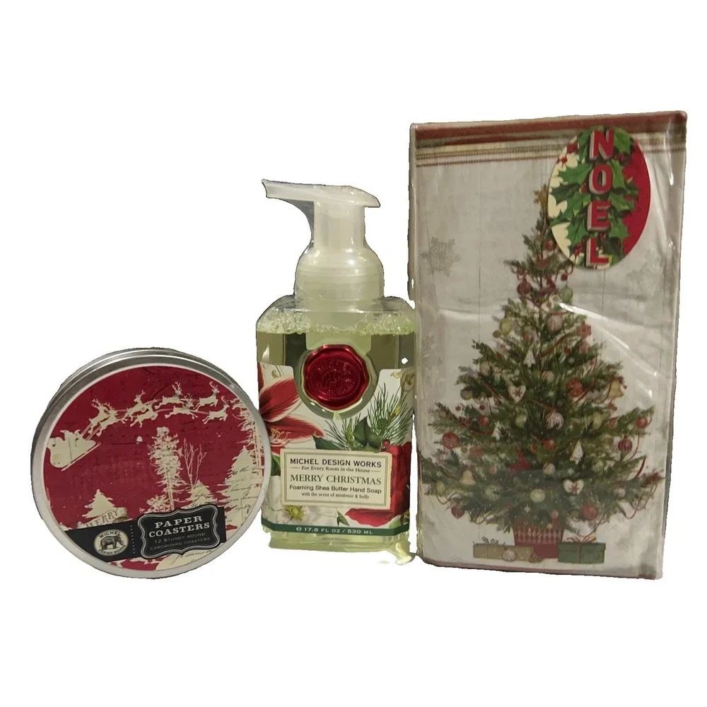 Michel Design Works Set Merry Christmas Shea Butter Hand Soap coasters Towels